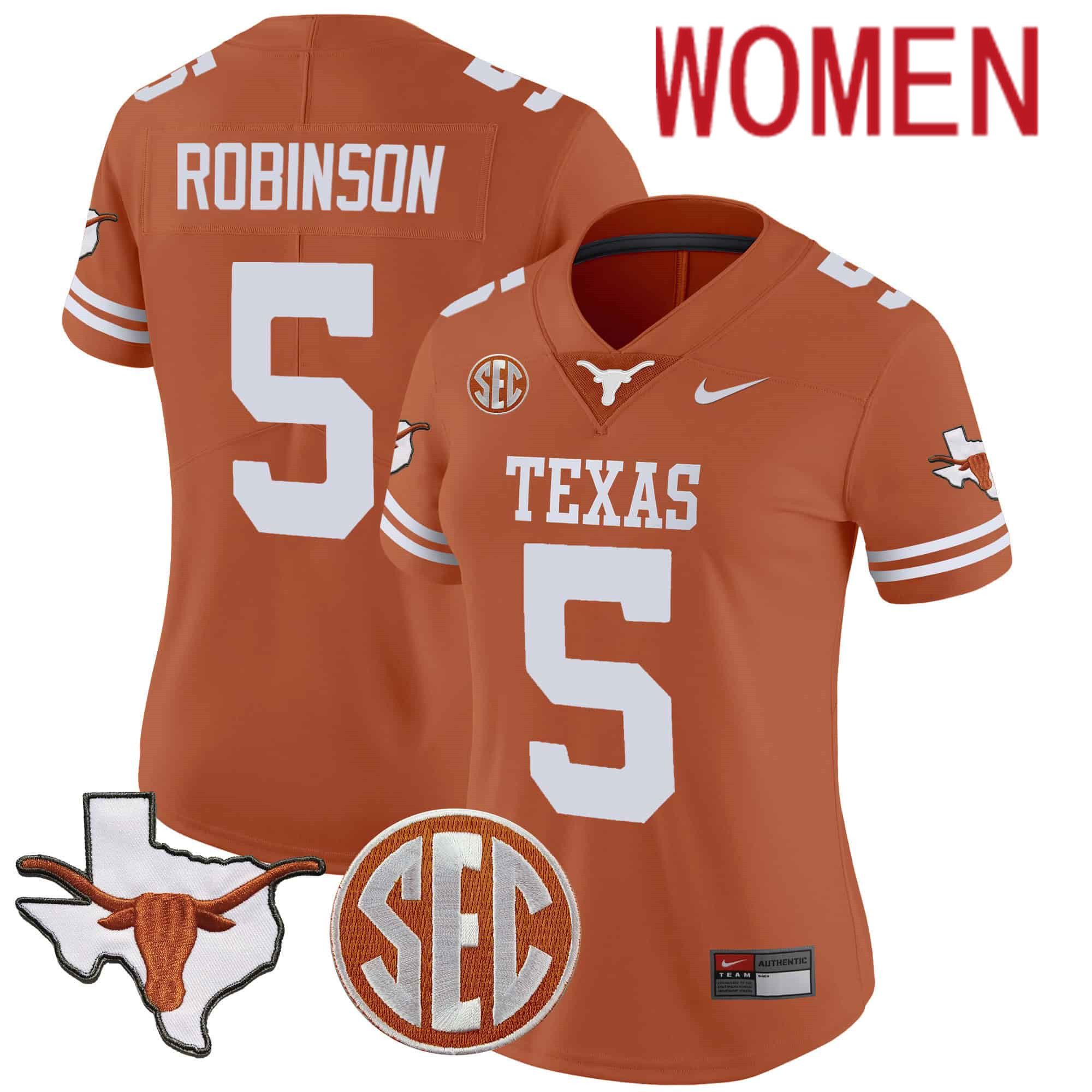 Women Texas Longhorns #5 Robinson Orange 2024 Nike State Map & SEC Patch Vapor NCAA Jersey style 1